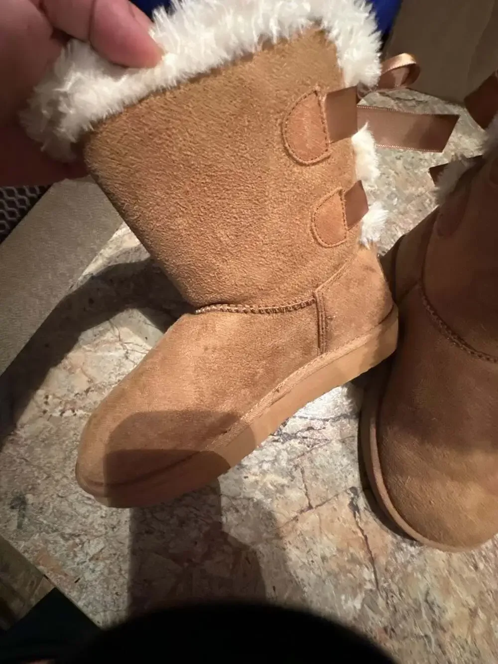 Tan Suede Faux-Fur Lined Winter Boots with Back Ribbon Detail